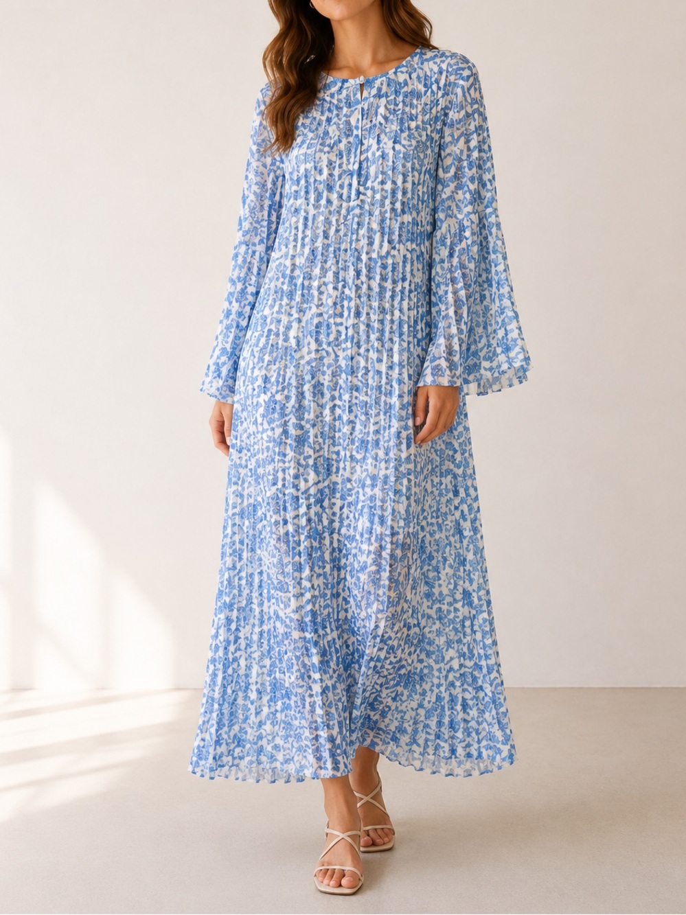 Veiled Azure Blue Floral Pleated Maxi Dress Resort Vacation Modest